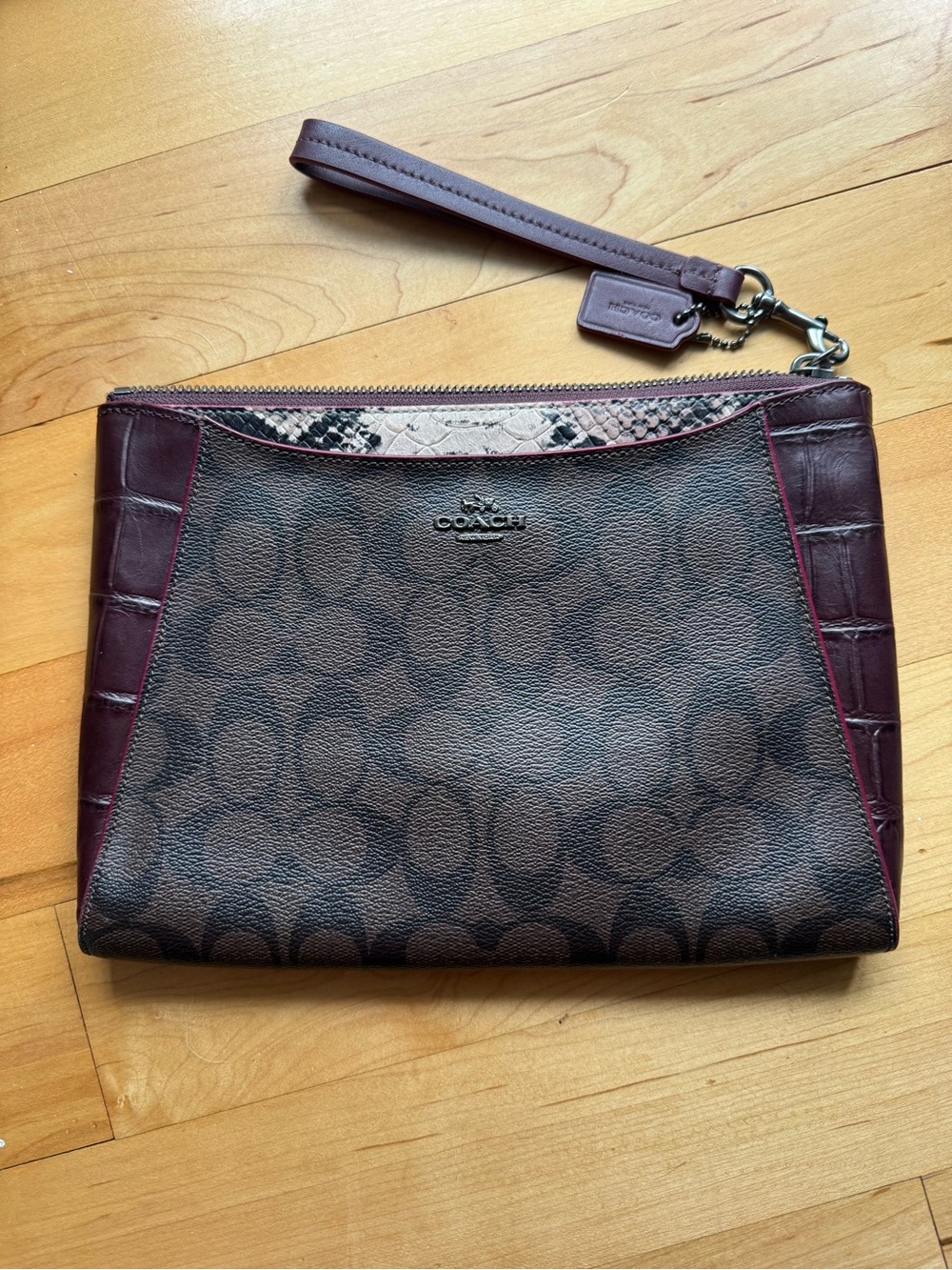Coach Brown Signature Wristlet with Burgundy Trim